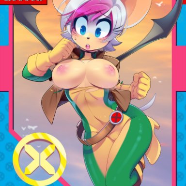 marvel, sega, sonic (series), x-men, rogue (marvel), rogue (x-men), rouge the bat, tsampikos, 5 fingers, action pose, anthro, areola, bat wings, black nose, blue eyes