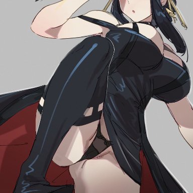 spy x family, yor briar, bow (bhp), black dress, black footwear, black hair, black panties, boots, breasts, dagger, dress, earrings, female, grey background, hair between eyes