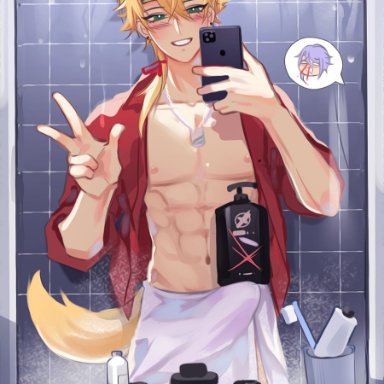 genshin impact, kamisato ayato, thoma (genshin impact), cuppydraws, 2boys, abs, big penis, blonde hair, blush, bulge, dog ears, dog tags, dog tail, erection, erection under clothes