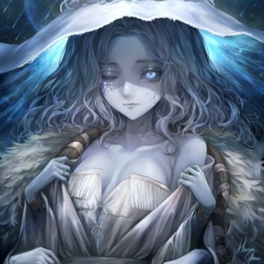 elden ring, fromsoftware, ranni the witch, hamagurimaguro, 1girls, blue skin, breasts, cleavage, female, female only, solo, undressing, witch hat, 2022