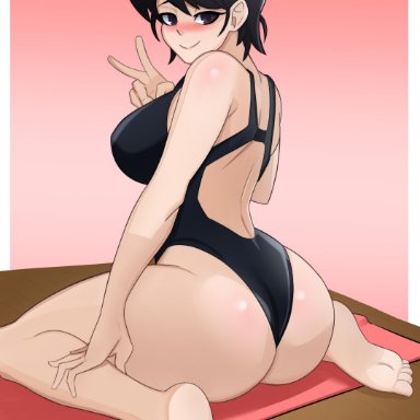 komi-san wa komyushou desu, komi shuuko, sol-sama d2, 1girls, ass, big ass, big butt, black hair, blush, breasts, feet, female focus, female only, kneeling, mature female