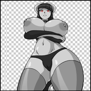 phalia, oblivionfall, checkered background, choker, long gloves, puffy nipples, red eyes, swaying, thick thighs, thighhighs, topless, wide hips, animated, black and white, color