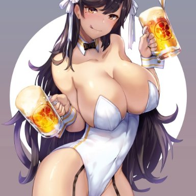 azur lane, atago (azur lane), satou daiji, 1girls, alchohol, animal ears, beauty mark, beer, black hair, blush, breasts, bunny ears, bunny girl, bunnysuit, female