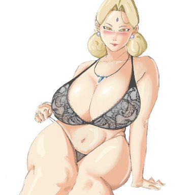 naruto, naruto (series), naruto shippuden, tsunade, panarandom, alternate hairstyle, arm support, black bra, black panties, blonde hair, blush, bra, breasts, brown eyes, cleavage