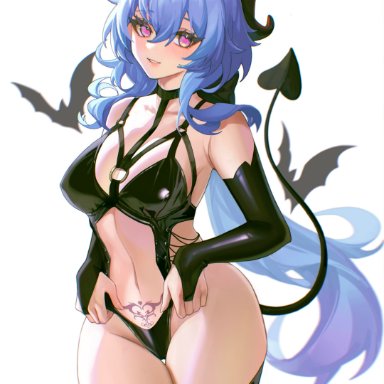 genshin impact, ganyu (genshin impact), 1girls, blue hair, blush, breasts, demon, demon girl, demon tail, female, heart-shaped pupils, horn, latex, latex suit, looking at viewer