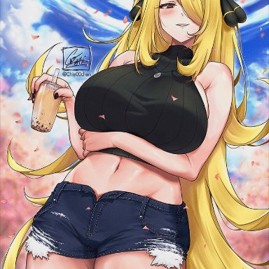 pokemon, cynthia (pokemon), chie00chan, 1girls, abs, arm under breasts, bangs, bare shoulders, belly button, big breasts, blonde hair, blush, breasts, cloud, crop top