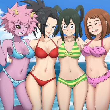 my hero academia, mina ashido, momo yaoyorozu, ochako uraraka, tsuyu asui, setrakian, 4girls, bikini, black hair, black sclera, breasts, brown hair, closed eyes, eye contact, female