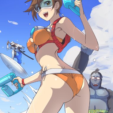 blizzard entertainment, overwatch, genji, tracer, winston, clash kuro neko, 1girls, ass, beach, big ass, big breasts, bikini, british, butt, dat ass