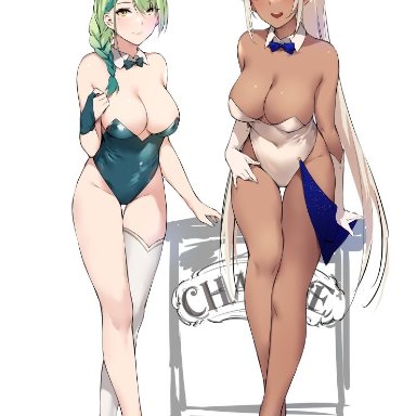 hololive, hololive english, hololive english -council-, ceres fauna, nanashi mumei, tsukumo sana, zen (artist), 2girls, antlers, asymmetrical legwear, bare arms, bare legs, bare shoulders, bare thighs, barefoot