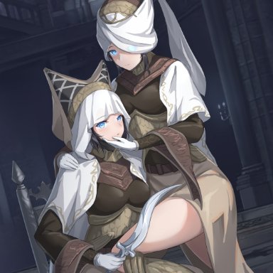 elden ring, fromsoftware, night maiden, nox swordstress, atsm, 2girls, ass, breasts, clothing, female, female only, leg lift, light-skinned female, thick thighs, thighs