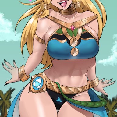 breath of the wild, nintendo, the legend of zelda, princess zelda, zelda (breath of the wild), echosaber, 1girls, blonde hair, breasts, female, gerudo outfit, hips, hylian, large breasts, long ears