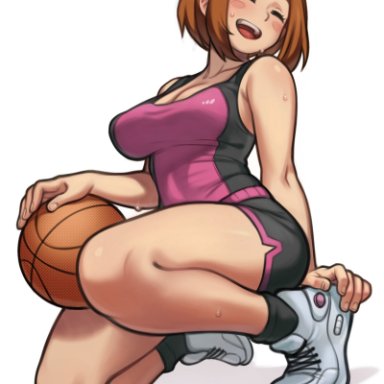 my hero academia, ochako uraraka, lentiyay, 1girls, basketball, basketball uniform, blush, breasts, brown hair, cleavage, closed eyes, clothed, clothed female, dolphin shorts, female