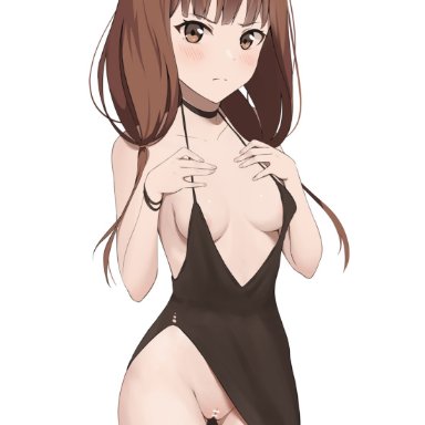 miko iino, coro fae, 1girls, black dress, boob window, bottomless, brown eyes, brown hair, hand on breast, handwear, looking at viewer, pussy, simple background, small breasts, censored