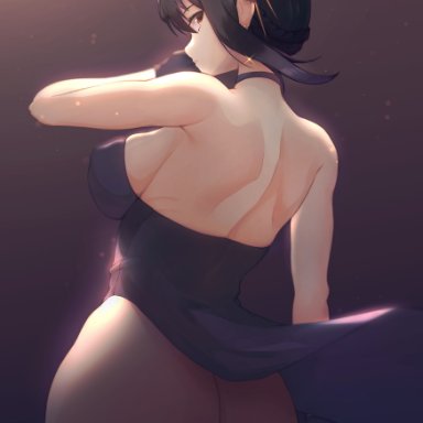 spy x family, yor briar, nsfw oa, 1girls, ass, ass focus, ass shot, back, back view, black dress, black hair, black panties, breasts, bubble butt, dagger