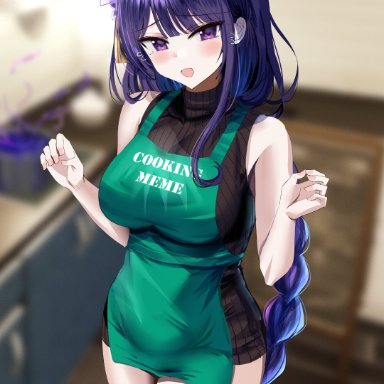 genshin impact, raiden shogun, adamant369, hanasaka houcha, 1girls, apron, breasts, cooking, embarrassed, female, female only, large breasts, long hair, purple eyes, purple hair