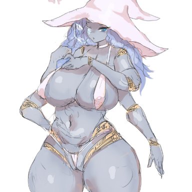 elden ring, fromsoftware, ranni the witch, girlsay, 4 arms, areola slip, between labia, big breasts, bikini, blue eyes, blue hair, blue skin, cameltoe, cleavage, doll joints