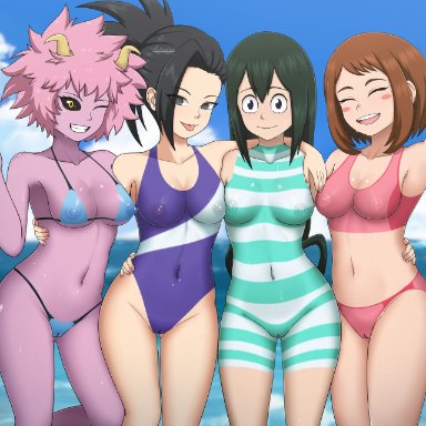 my hero academia, mina ashido, momo yaoyorozu, ochako uraraka, tsuyu asui, setrakian, 4girls, areolae, black hair, black sclera, body paint, breasts, brown hair, closed eyes, female