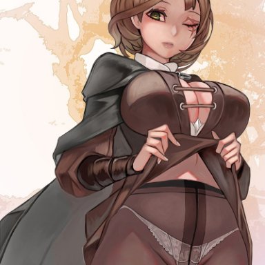 elden ring, fromsoftware, melina (elden ring), akanoball, big breasts, brown hair, cleavage, cloak, dress lift, facial mark, facial tattoo, female, female only, green eyes, lace-trimmed panties