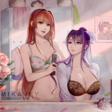 doki doki literature club, yuri (doki doki literature club), mikavey, big breasts, bow bra, bra, breasts, brown hair, cleavage, flowers, green eyes, hair comb, mirror, mirror reflection, picture (object)