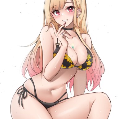 sono bisque doll wa koi wo suru, kitagawa marin, alternate costume, big breasts, bra, breasts, female, female only, official alternate costume, parfait, smiling at viewer, solo, swimsuit, two tone hair, tagme