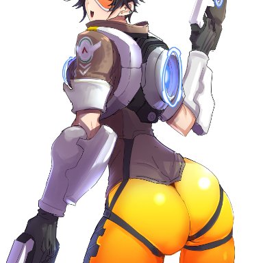 blizzard entertainment, overwatch, tracer, clash kuro neko, 1girls, ass, big ass, big breasts, female, female only, light-skinned female, looking back, tight clothing, zero suit