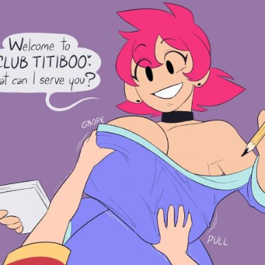 mother (series), mother 3, nintendo, kumatora, lucas, a-gal, big breasts, breast rub, cleavage, earrings, female, male, no nose, pencil, pink hair