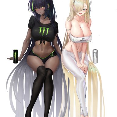 blue archive, monster energy, asuna (blue archive), karin (blue archive), b-pang, 2girls, black clothing, black hair, blonde hair, blue eyes, blush, breasts, brown skin, chocolate and vanilla, crop top