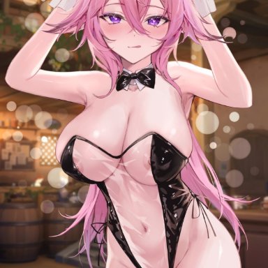genshin impact, yae miko, yamiliv, 1girls, armpits, arms up, blush, bowtie, breasts, bunny ears, bunny girl, bunnysuit, cleavage, detached collar, detached cuffs