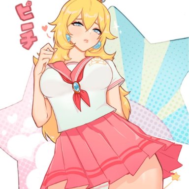 mario (series), nintendo, princess peach, datli64, 1girls, arm behind back, ass visible through thighs, bare arms, blonde hair, blush, breasts, clothed, clothing, crown, earrings