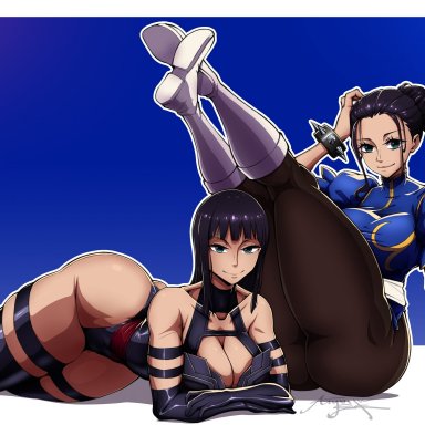 one piece, street fighter, chun-li (cosplay), nico robin, anguriask, 2girls, ass, big ass, big breasts, blue eyes, breasts, double bun, eye contact, female, female focus