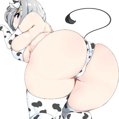 kantai collection, hamakaze (kantai collection), hauto-san, animal ears, animal print, ass, bikini, breasts, cow ears, cow girl, cow print, cow tail, elbow gloves, female, from behind