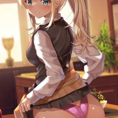 hayasaka ai, fujiko (emnprmn), 1girls, ass, big ass, big butt, blonde hair, blue eyes, blush, breasts, eye contact, female, legwear, looking at viewer, panties