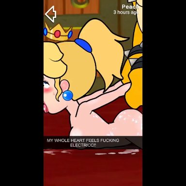mario (series), nintendo, snapchat, bowser, princess peach, drybonex, ahe gao, big penis, breasts, cum, cum on body, from behind, from behind position, fucked silly, holding arm