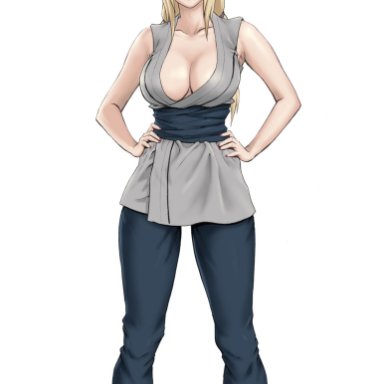 naruto, naruto (series), naruto shippuden, tsunade, daigo, armpits, bare arms, blonde hair, breasts, brown eyes, cleavage, closed mouth, facial mark, feet out of frame, female