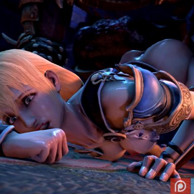 soul calibur, sophitia alexandra, bulgemeister, 1female, 1male monster, belly, belly bulge, big dom small sub, blonde hair, bottomless, braided hair, breasts out, bulge, dungeon, fucked senseless