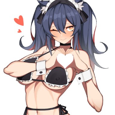 arknights, texas (arknights), hanenosaki, animal ear fluff, animal ears, armpits, bangs, bare shoulders, bikini, black bikini, black choker, black hair, breasts, breasts apart, choker