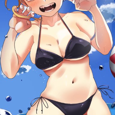 my hero academia, himiko toga, zd (pixiv6210083), zx623723, 1girls, amber eyes, beach, big breasts, bikini, blonde hair, blush, fangs, in water, light-skinned female, light skin