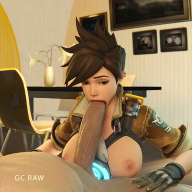 overwatch, lena oxton, tracer, gcraw, grand cupido, sloppygedits, blowjob, breasts, breasts out, brunette, busty, clothed female nude male, couple, curvy, enjoying
