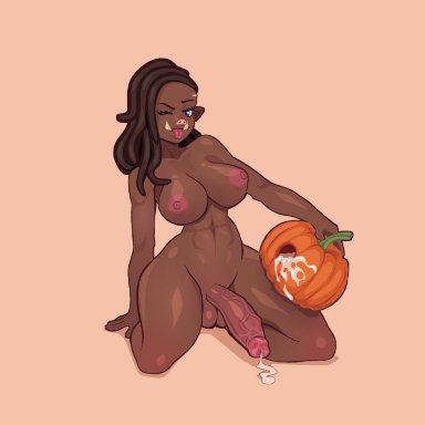 halloween, purplehorn (artist), 1futa, after masturbation, after orgasm, areolae, balls, big breasts, big penis, black hair, breasts, cum, dark-skinned futanari, dark skin, dreadlocks