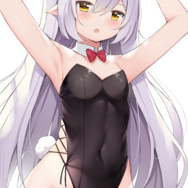 hololive, la+ darknesss, chintora0201, :o, bare arms, bare legs, bare shoulders, bare thighs, big horns, blush, bodysuit, bunny tail, bunnysuit, heart eyes, horn