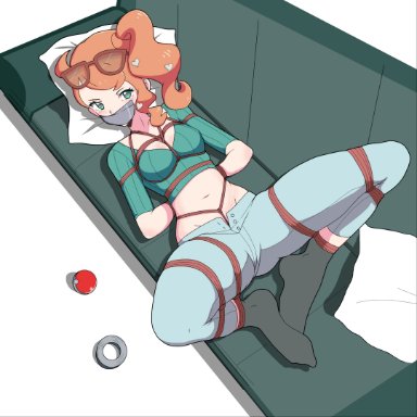 pokemon, sonia (pokemon), tiedtiki, arms tied behind back, bondage, bound ankles, bound legs, crotch rope, gag, gagged, green eyes, heart-shaped pupils, looking at viewer, orange hair, tape gag