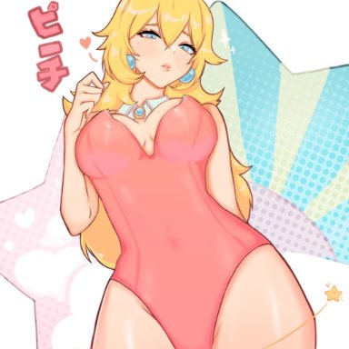 mario (series), nintendo, princess peach, datli64, 1girls, arm behind back, ass visible through thighs, bare arms, bare shoulders, blonde hair, blush, breasts, bunnysuit, cleavage, clothing