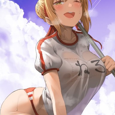 fate/grand order, fate (series), nero claudius (fate), uo denim, 1girls, bloomers, breasts, female, female only, green hair, gym clothes, hips, huge breasts, looking at viewer, naughty face