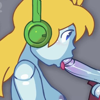 cave story, curly brace, quote (cave story), noill, 1boy, 1girls, android, areolae, balls, blonde hair, blowjob, blue eyes, breasts, clothed, clothed male