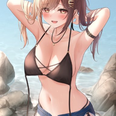 curl-q-, monaka curl, arm strap, armpits, asking for help, bare midriff, bare shoulders, bare stomach, beach, belly button, bent arm, blush, blush lines, blushing at viewer, booty shorts