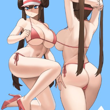 nintendo, pokemon, pokemon bw2, rosa (pokemon), donburikazoku, 1girls, ass, back view, bikini, blue eyes, breasts, brown hair, bubble butt, female, female only