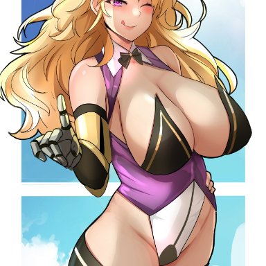 rwby, yang xiao long, lainart, 1girls, :p, bare thighs, blonde hair, breasts, bunny ears, bunny girl, bunnysuit, cleavage, female, female only, gloves