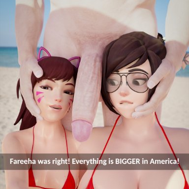 blizzard entertainment, overwatch, d.va, mei (overwatch), currysfm, 1boy, 2girls, beach, big breasts, big penis, bikini, breasts, female, female focus, glans