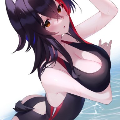 hololive, ookami mio, kaneko (bblogtinhan), animal ear fluff, animal ears, animal tail, ass, bare shoulders, black hair, black swimsuit, blush, breast hold, breasts, busty, cleavage