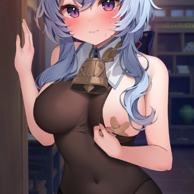 genshin impact, ganyu (genshin impact), reel (riru), ahoge, bangs, bare shoulders, bell, blue hair, blush, bodystocking, breasts, covered erect nipples, covered navel, female, horns